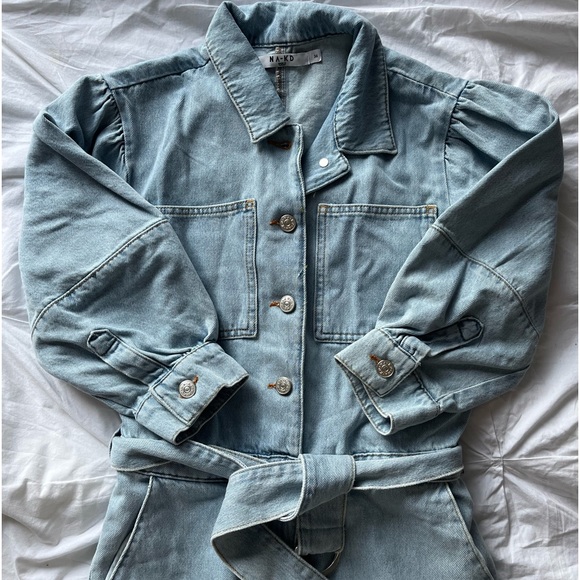 Puff Sleeve Denim Jumpsuit - Picture 1 of 3